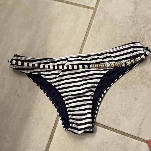 SOL & Energia cheeky swim bottom navy stripe gold belt small - Picture 1 of 8